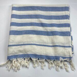 SEVI Turkish Towel Scarf Beach Blanket Cotton Linen Blue White Striped Fringe